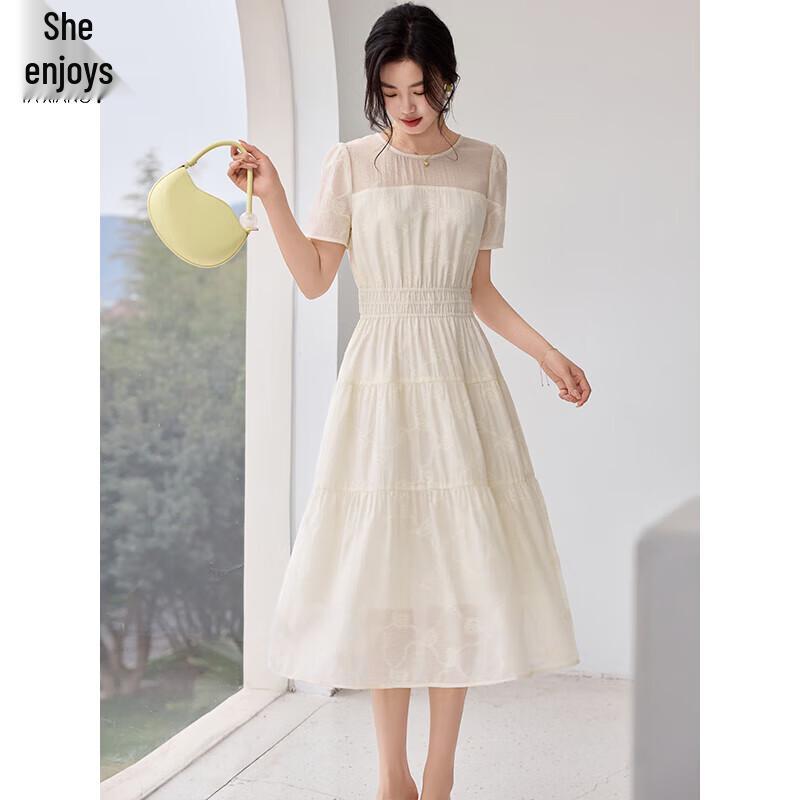 Women's Short Sleeve White A-Line Chiffon Midi Dress
