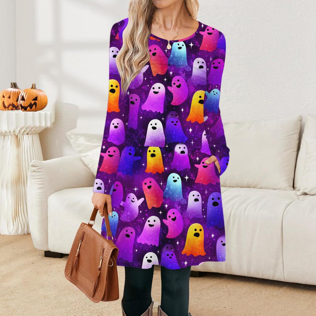 Damen Langarmkleid Herbst Freizeit T-Shirt Lockere Passform Plissiertes Vorderteil Kleider mit Taschen