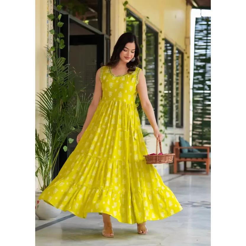 Rochie de designer pentru femei, din bumbac, cu imprimeu Anarkali, cu imprimeu Bollywood și raion, evazată, Kurta, SC-2144