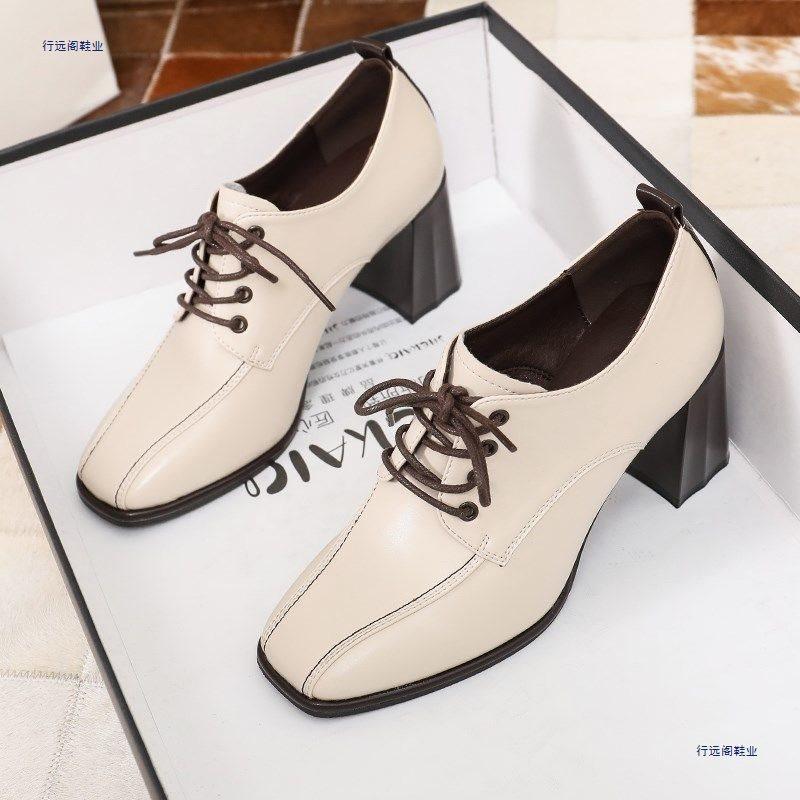 Small leather shoes style spring new square head thick heel high heels fashion lace-up versatile deep mouth single shoes