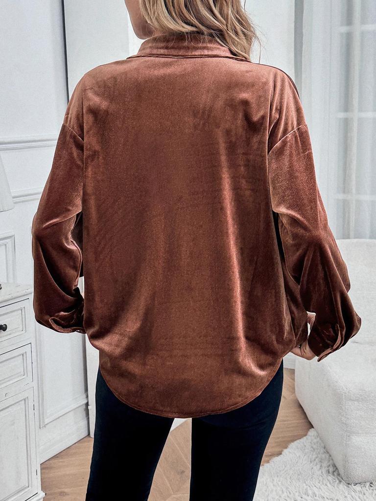 Retro Lapel Velvet Cardigan Shirt for Women - Long Sleeve, Autumn/Winter Collection 2026, European and American Style.