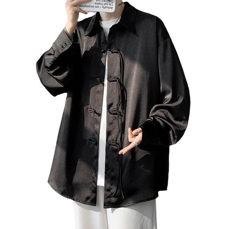 Men's Black Jacquard Shirt with Chinese Pan Kou Design - High-End Unisex Stand Collar