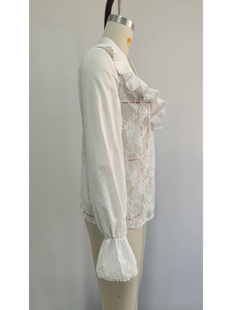 European & American Romantic Lace Patchwork Ruffle Puff Sleeve Top