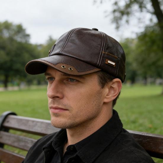 Yousheng Autumn Winter Baseball Hat Faux Leather Breathable Metal Eyelets Color-Blocking Design Versatile Casual Style Baseball Cap