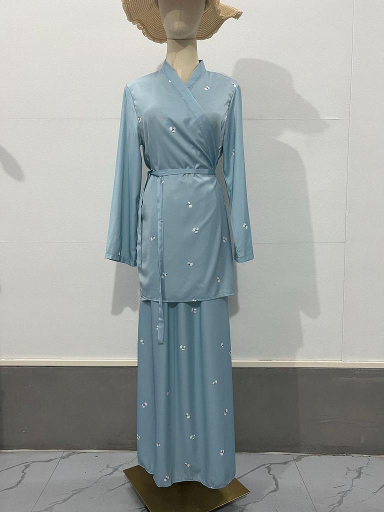 2023 Autumn V-Neck Satin Skirt Set with Long Sleeve Printed Top