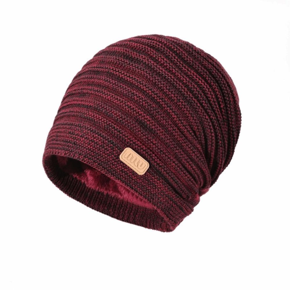 

Striped Knitted Hat Cold Proof Beanie Cap Fashion Pullover Hat Autumn Winter вина червоного кольору