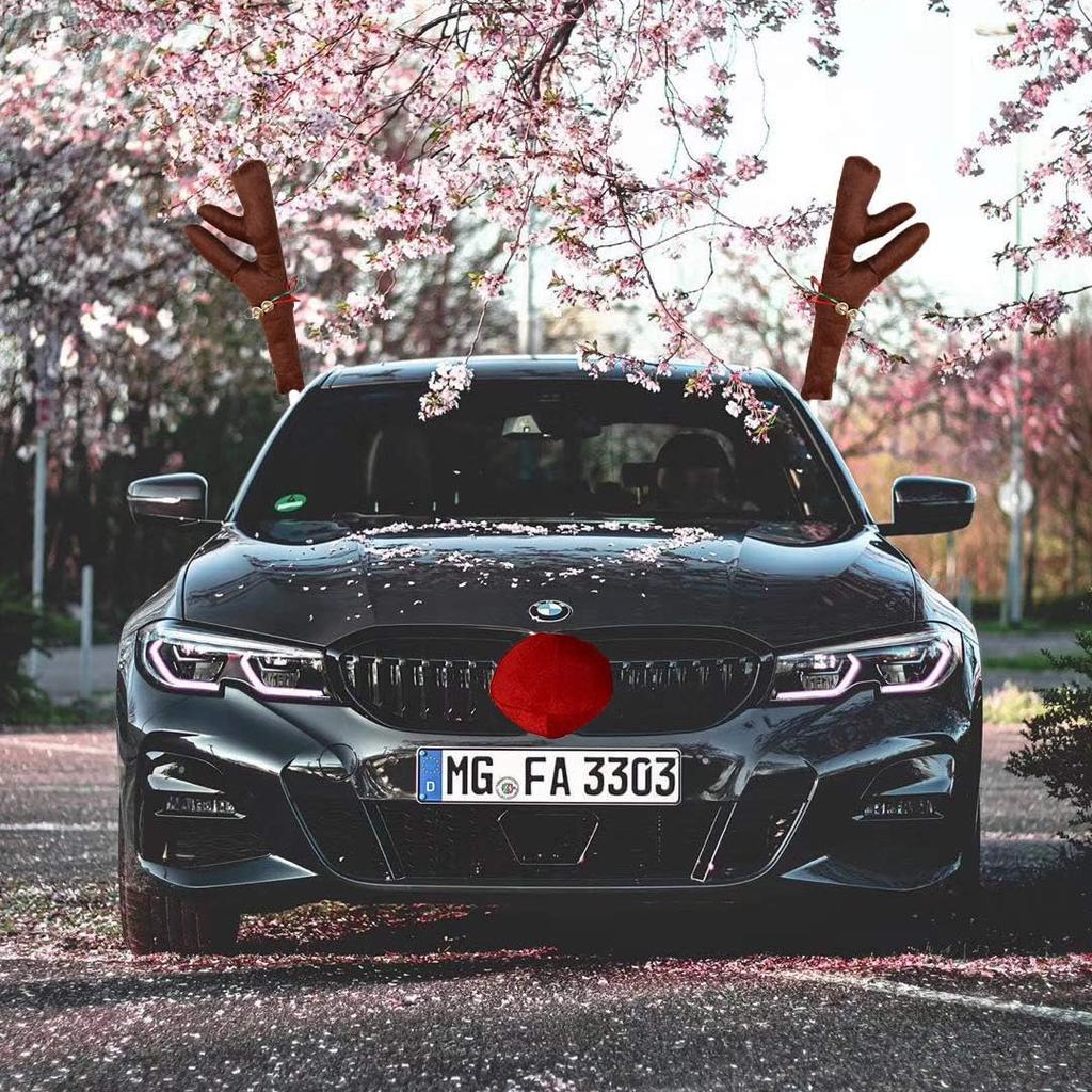 Christmas Car Reindeer Antlers And Nose Decorations Kit Vehicle Costume Plush Rudolf Red Nose Deer Antlers Auto Accessories