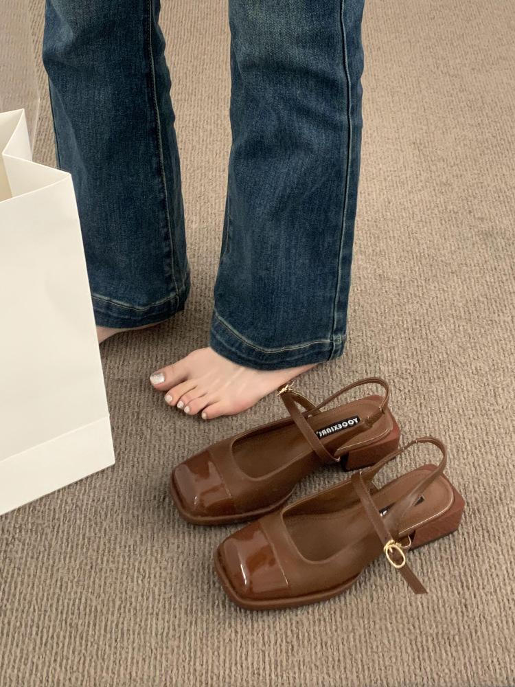 Design sense niche French retro square head Mary Jane shoes fairy style thick heel bag head sandals empty single shoes