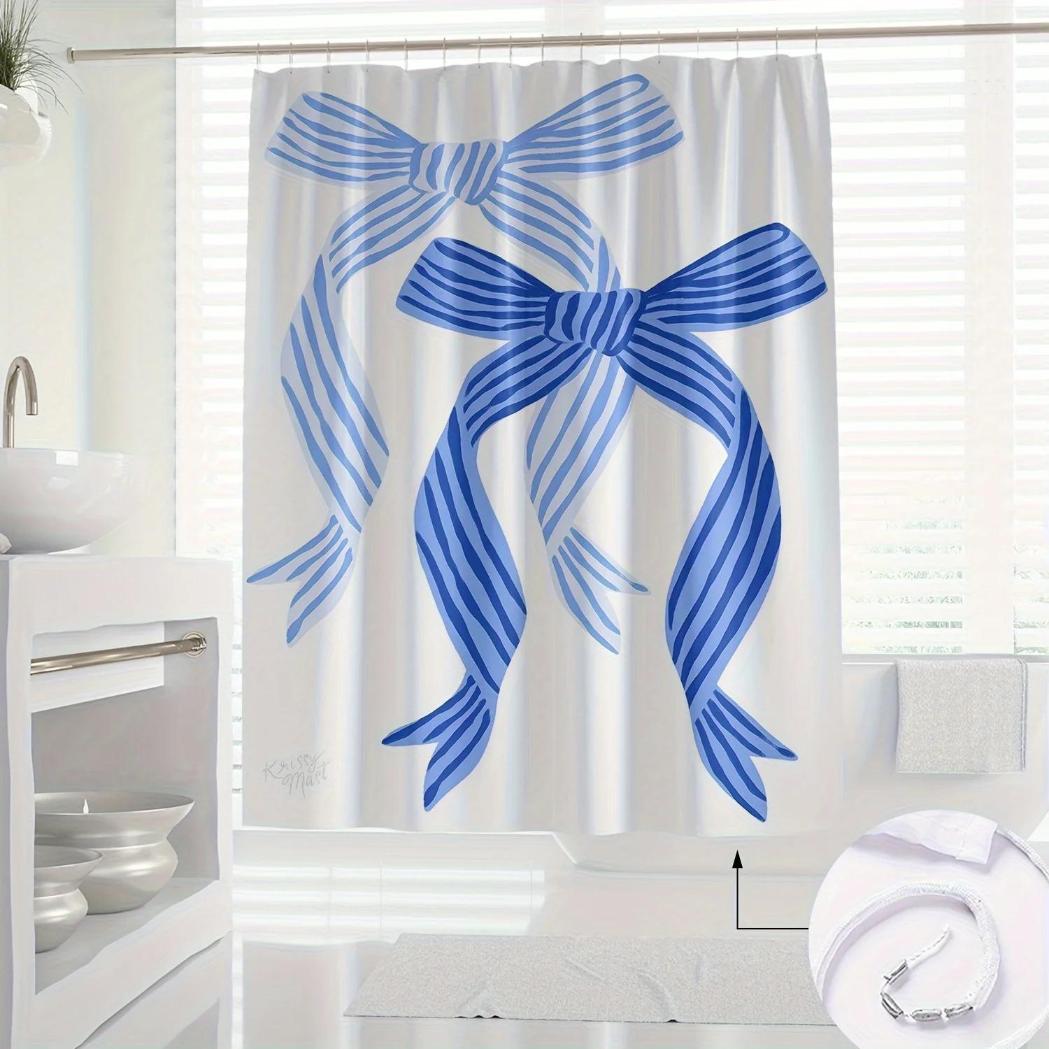

Elegant Blue Ribbon Shower Curtain: Modern Artistic Design, Waterproof, Machine Washable, Partial Lining W60H190(CM)-1 Pcs