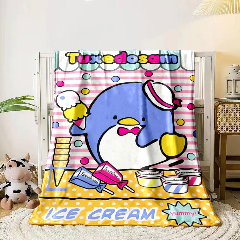 

A cheerful penguin with ice cream-themed items on a pastel-striped backdrop. for all seasons blanket lunch break throw gift 80cm x 120cm