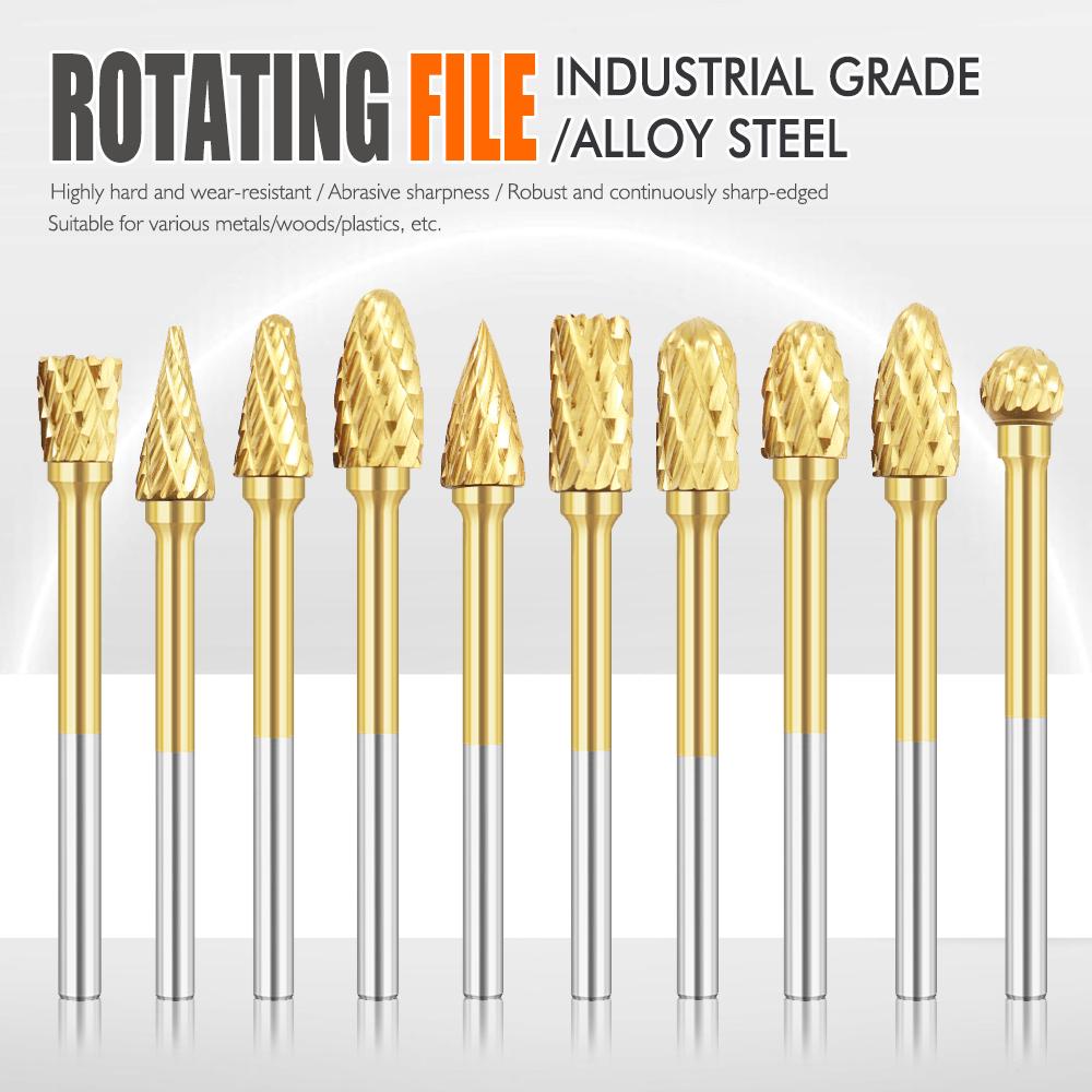 10-Piece Alloy Steel Woodworking Rotary File Set for Grinding, Polishing, Deburring Metal, and Reaming Holes