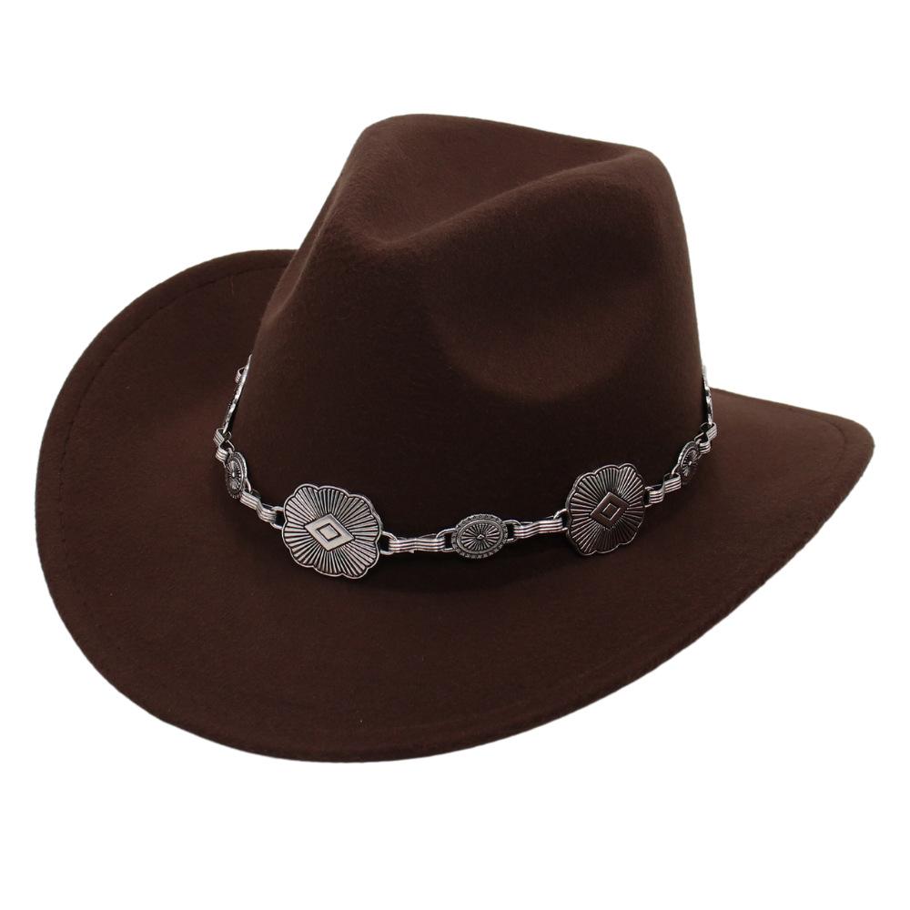 

European, American And Panama Retro Trend Jazz Hat Silver Square Metal Chain Autumn And Winter Gentleman S Top Hat One size fits all темно-коричневого кольору