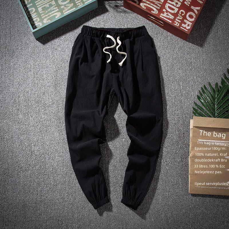 Men's Loose Straight Elastic Waist Linen-Cotton Tang Suit Pants for Spring and Summer