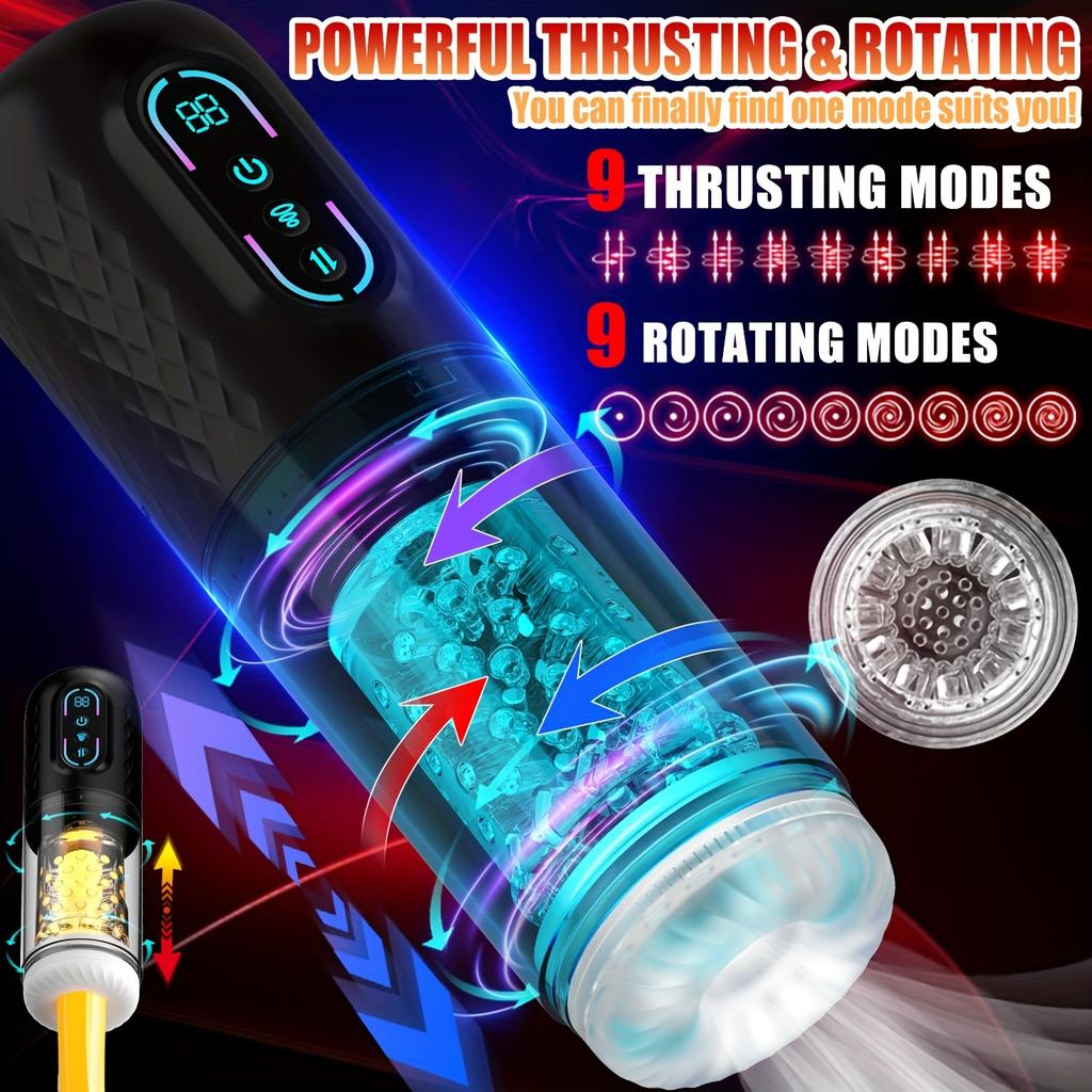 Male Automatic 9 Thrusting 9 Rotating 9 Sucking Blowjob Masturbator Cup 3D Textured Tunnel Sex Toys LCD Display Visual Window