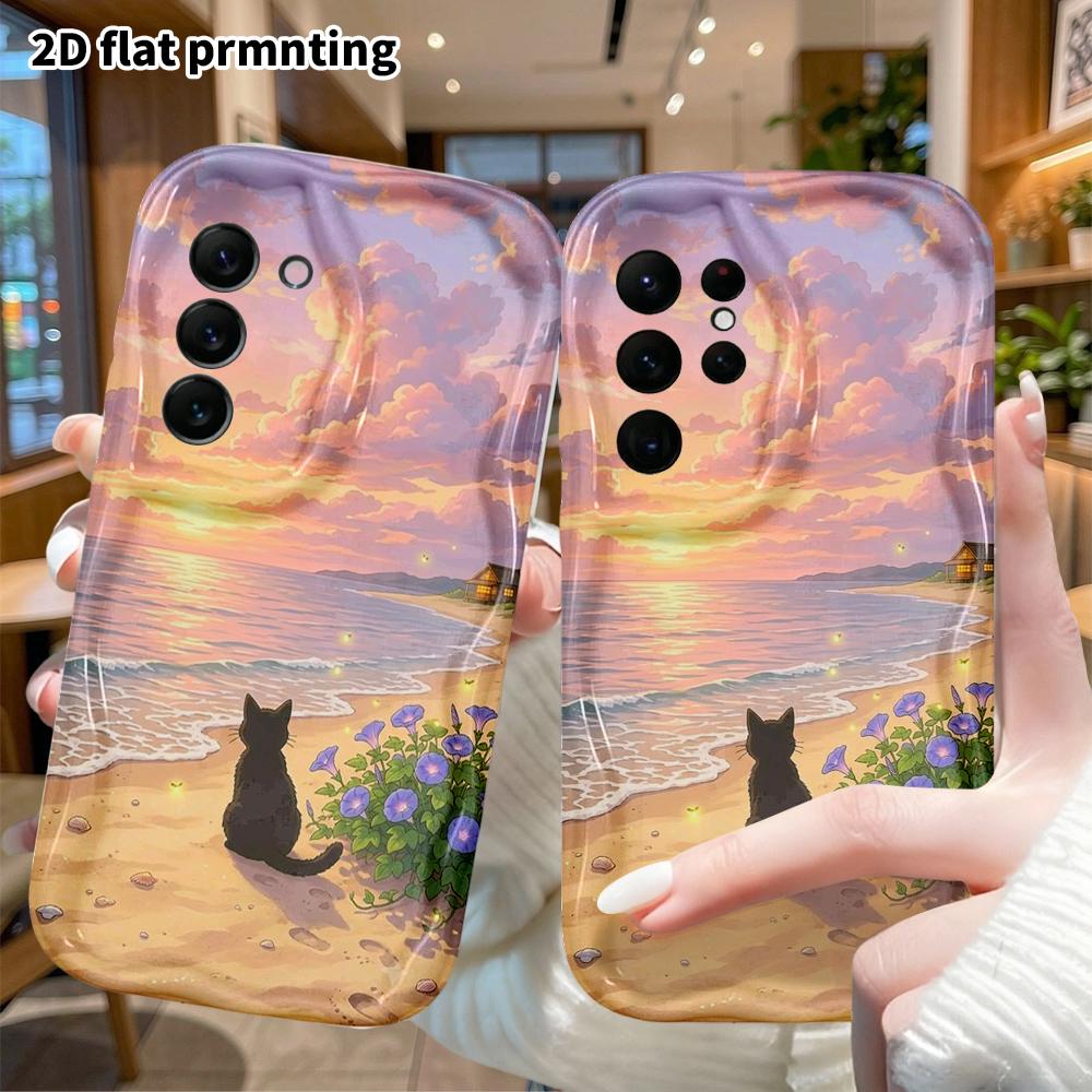 Phone Case: 2D Flat Samsung Galaxy A34 A35 M05 M06 S20 S22 S21 FE Plus 5G Protective Case, Sunset Black Cat, Christmas and Halloween Gifts