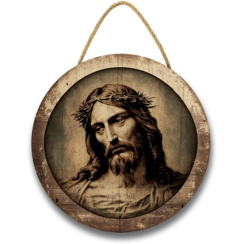 Religious Wall Decor Jesus Christ Artwork Wooden Painting Wall Art Pictures Rustic Wall Hanging Wooden Home Sign Wall Decor Poster with Rope for Livin