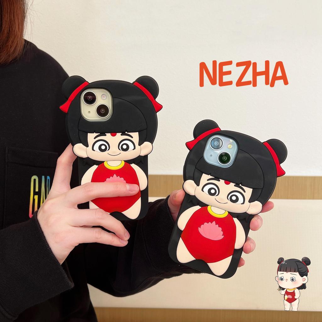 For iPhone 15 Silicone Case Cute Nezha Baby Design Shockproof Phone Back Cover