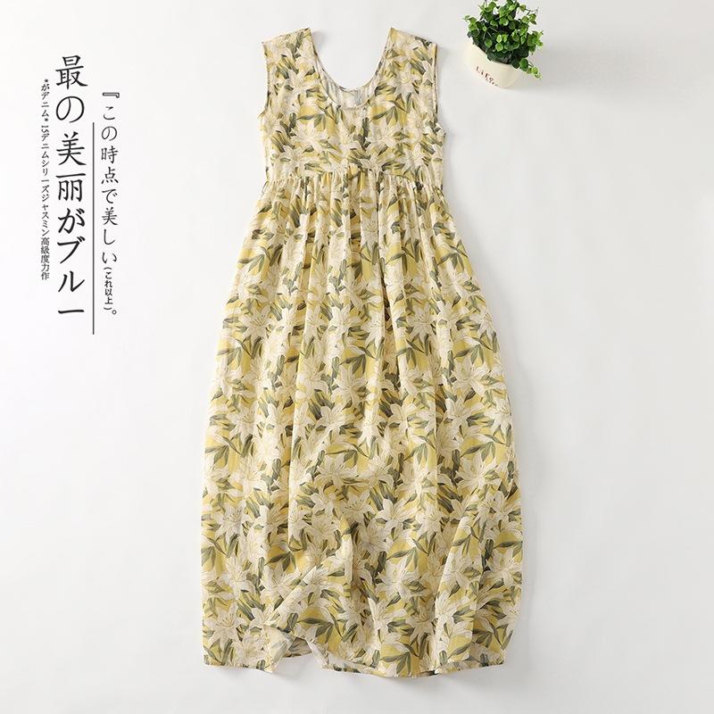 

2025 весна и лето новое ленивое удобное свободное и тонкое платье из хлопка и льна с принтом женское с круглым вырезом без рукавов юбка-жилет M