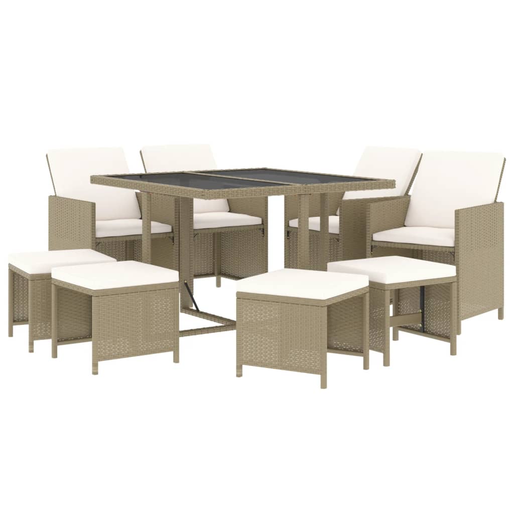 9 piece Garden Dining Set with Cushions Poly Rattan Beige