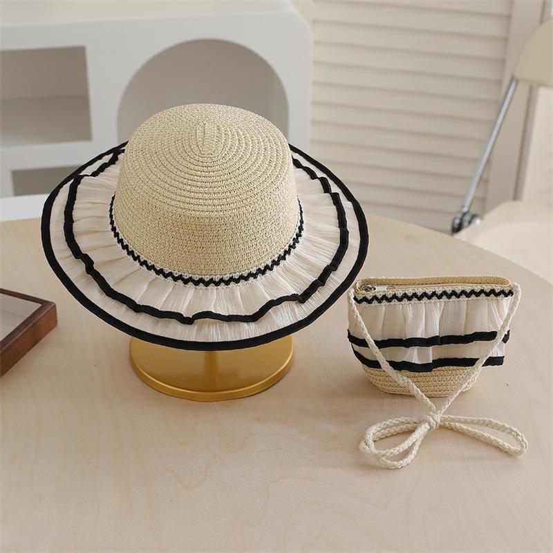 New Fashion Beach Hat Cute Outdoor Parent-child Hats 2-piece Womens Beach Set Sun Hat and Woven Bag Lightweight and Breathable