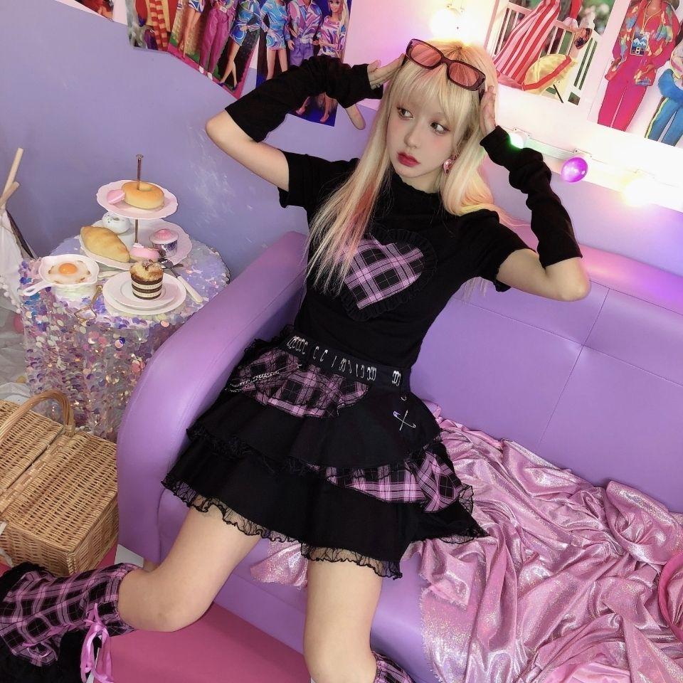 Gonne Scozzesi Pizzo Catena Rock Punk Ragazze Harajuku Donne Gotico Lolita Vita Alta Torta Mini Y2K Streetwear Top