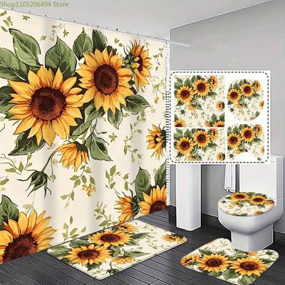 Juego de Decoración de Baño de Girasol de 1/3/4 Piezas - Cortina de Ducha Plana 2D, y Cubierta de Inodoro - Vibrante Diseño Floral, Bloqueo de Luz, Anti