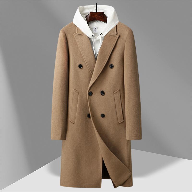 Шерстяное пальто мужское длинное двубортное теплое однотонное деловое повседневное — фото 3