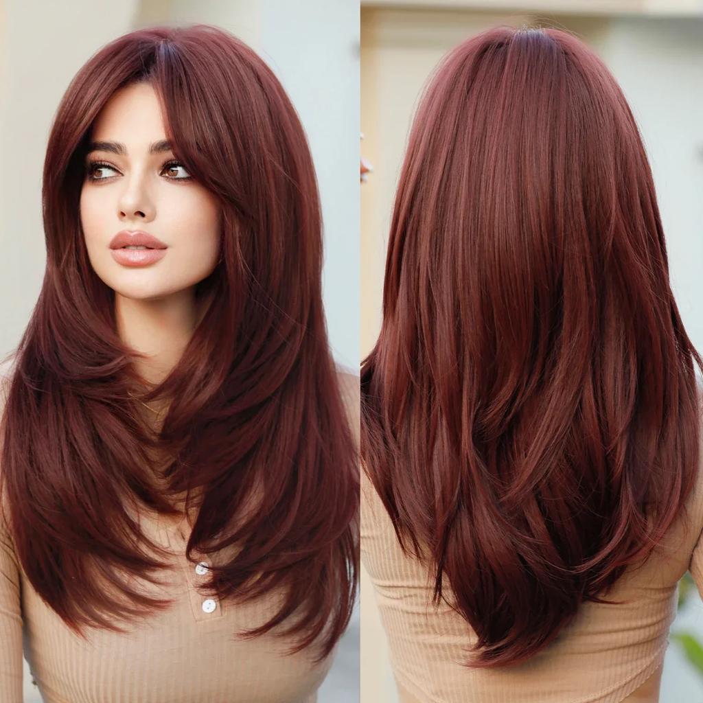 Profesionální Dlouhá Rovná Sakura Růžová Paruka pro Černošky Přírodní Syntetické Volné Vrstvené Vlasy Paruky s Ofinou Vysoká Hustota 26 Palců