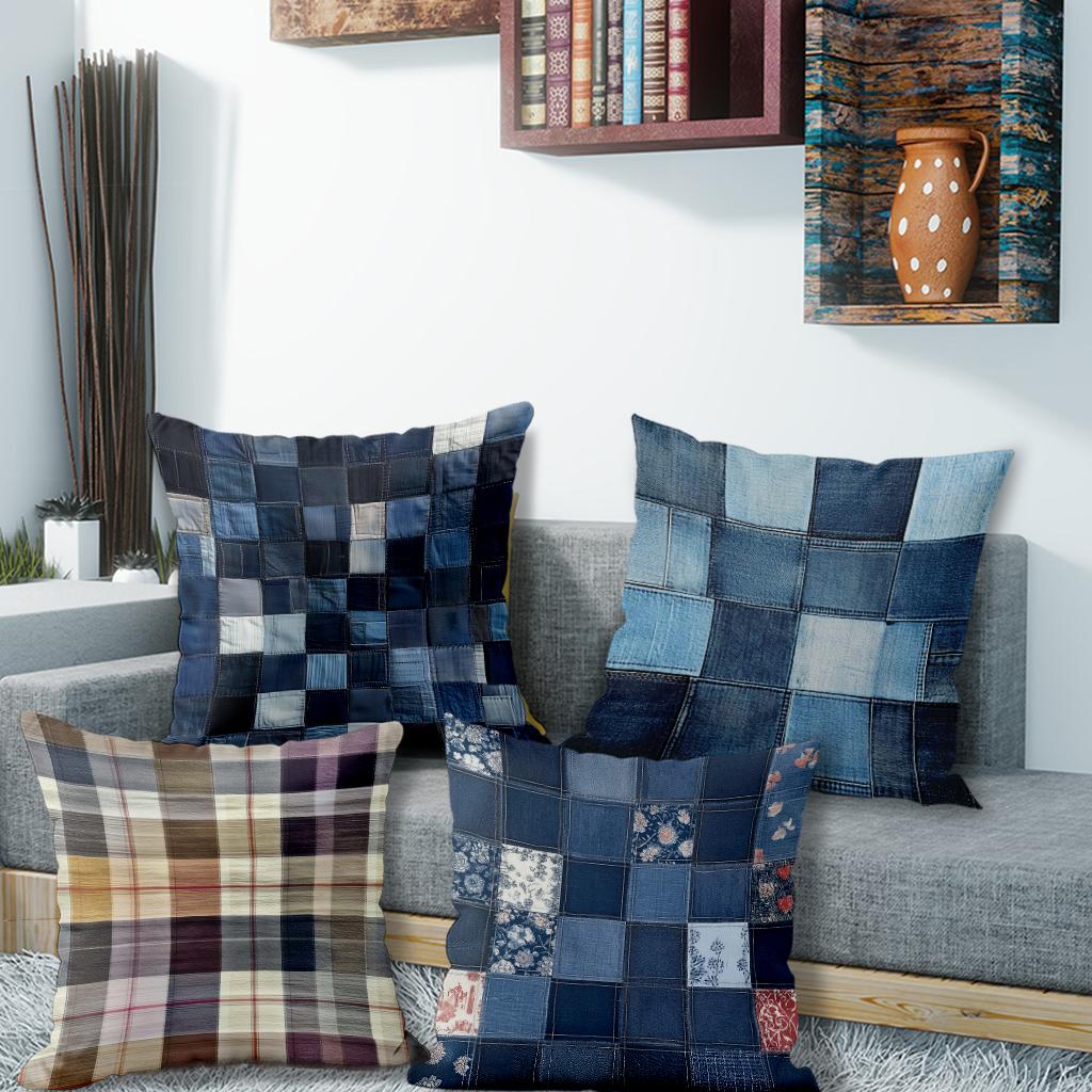 Shunika Chen Unisex 4Pc Denim Patchwork Pillow Coverssuitable For Sofa Car Bedroom Decorative Cushion Cover Pillow Cover