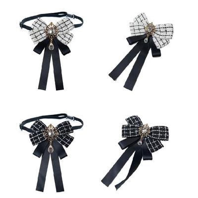 Pre Tied Ribbon Bowtie Brooch Pin for Women Rhinestones Plaids Ribbon Corsage Shirt Jabot Collar Wedding Bowknot Necktie