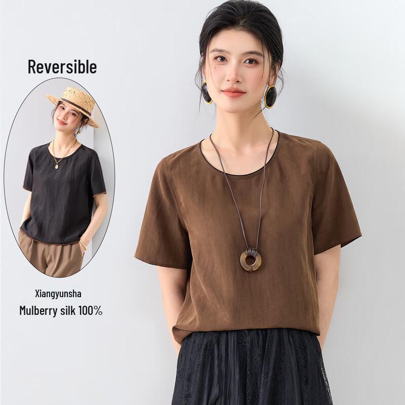Jinjuan Xiangyunsha 100% Mulberry Silk Short Sleeve T-Shirt L кофейный