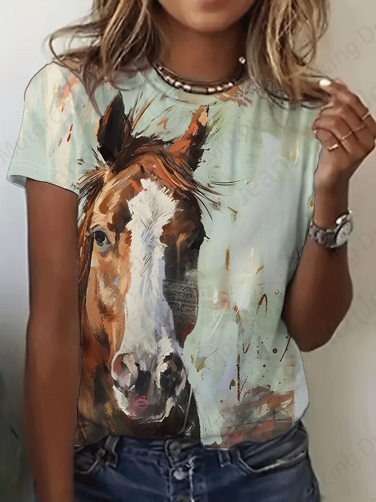T-shirt d'été vintage pour femme avec imprimé cheval en 3D, t-shirt tendance pour femme, col ras du cou, manches courtes, hauts pour enfants, t-shirts animaux