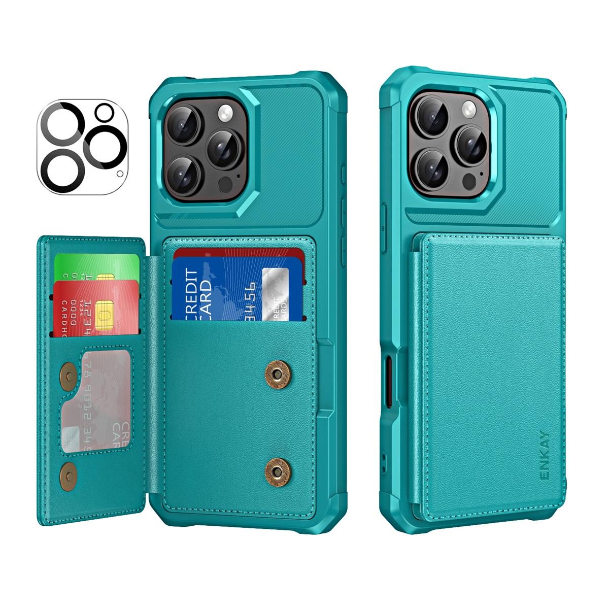 

For iPhone 16 Pro Max ENKAY Hat-Prince Wallet Card Slot Kickstand PU Leather +TPU Back Phone Cover with Camera Lens Film Cyan
