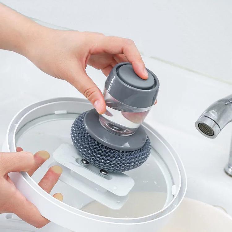 Automatic Liquid-Dispensing Dish Brush with Steel Wool for Kitchen Cleaning