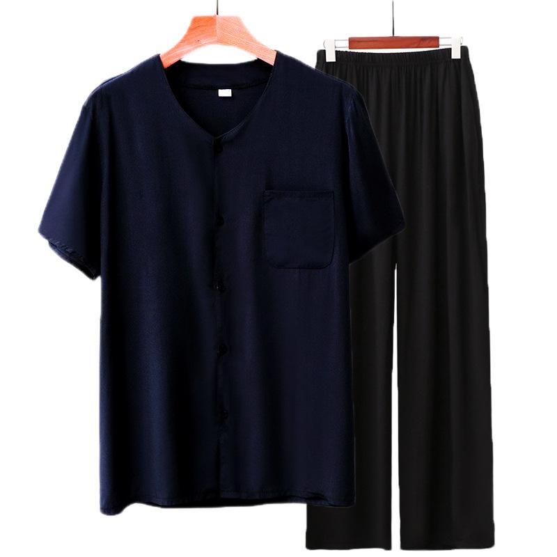 Cardigan manica corta in cotone e seta pigiama da uomo per mezza età e anziani pantaloni estivi sottili in cotone artificiale loungewear da uomo