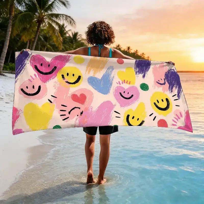 1pc of Mindful Painting Experience Theme Beach Towel, Smile Day Beach Towel, Soft, Absorbent, Quick-drying, Source of Happiness