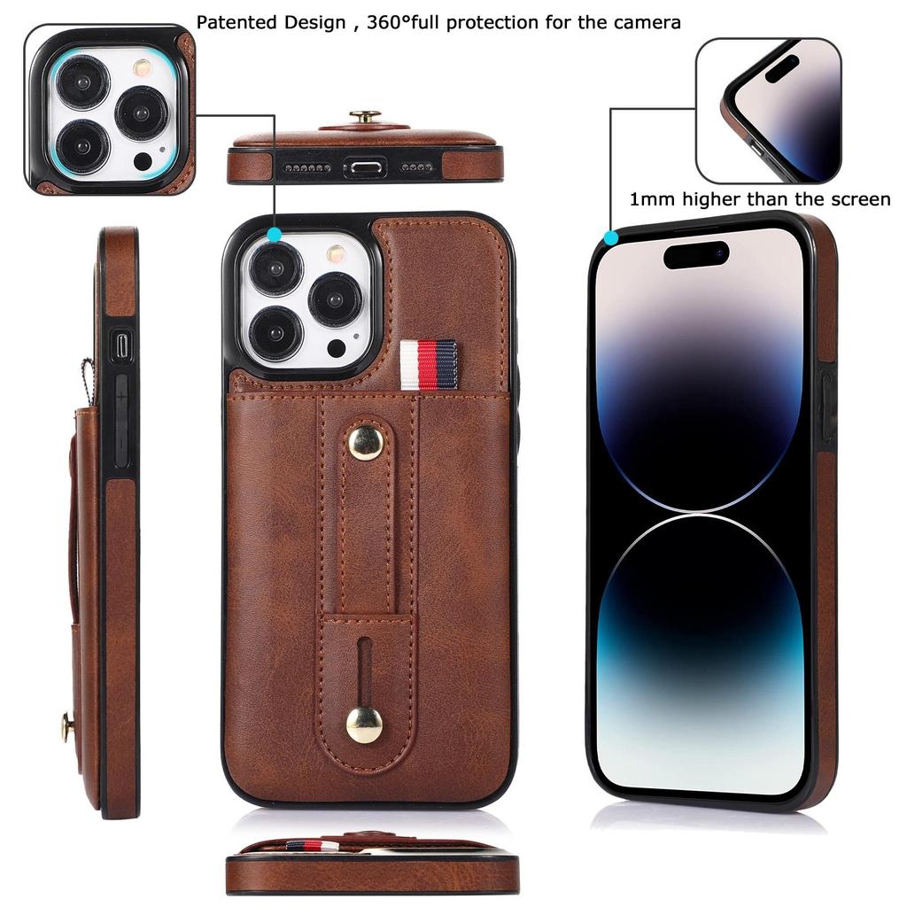 Leather Wallet Case with Wrist Strap and Sliding Card Slot for iPhone 15 14 13 12 11 Pro Max XS MAX XR Samsung S23 S22 S21 Ultra Plus A14 A13 A53 A54