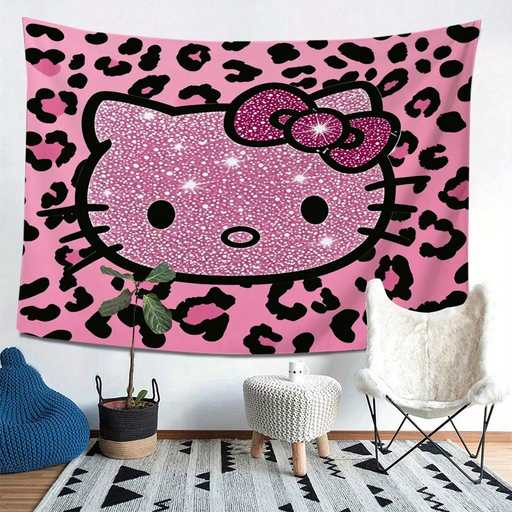 1pc Glitter Leopard Print Hello Kitty Tapestry 2D Polyester Wall Hanging Cute Pink Kawaii Decor for Bedroom Living Room Per