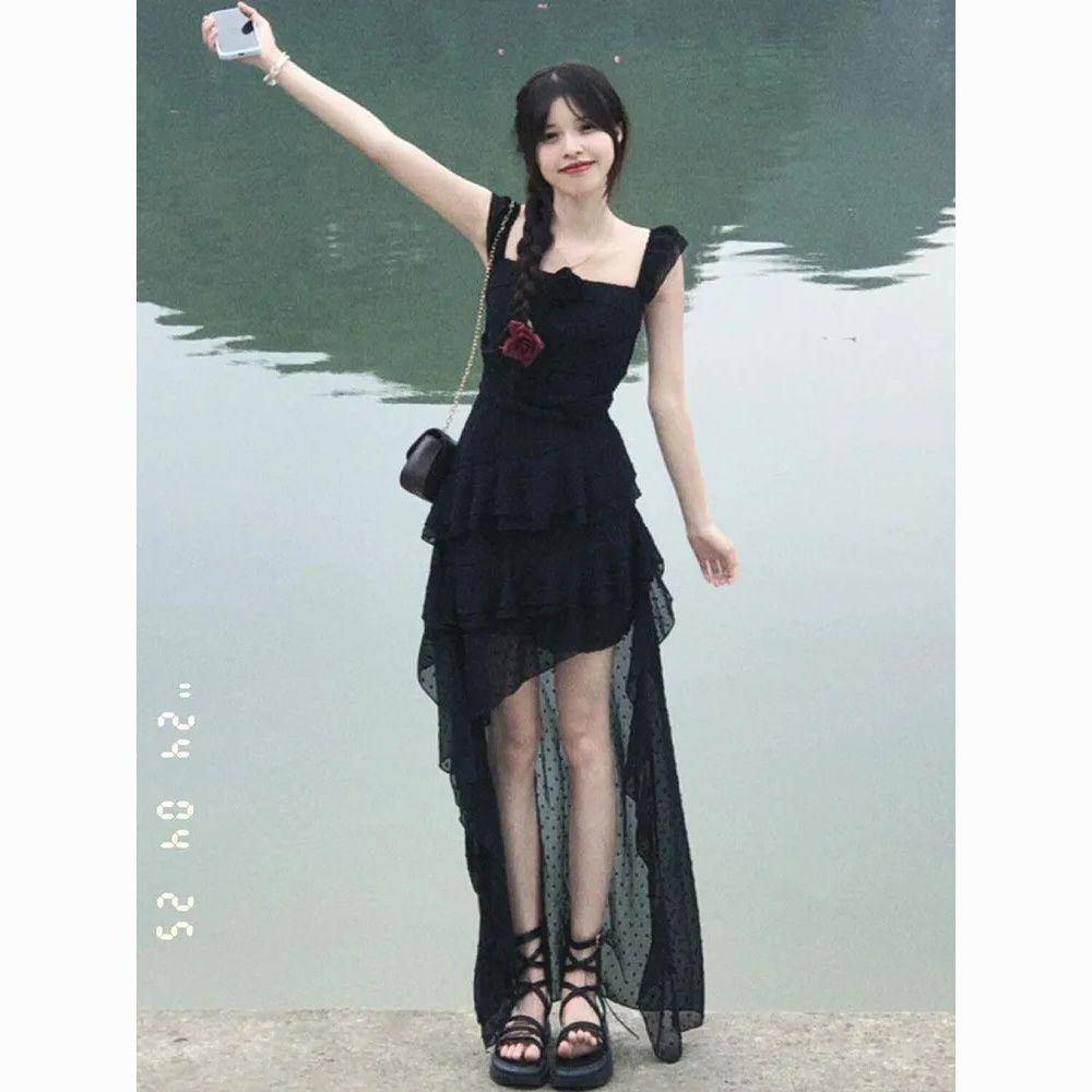 French Temperament Waist Dress Women's Summer New Design Irregular Ruffle Edge Suspender Long Trailing Skirt Tide