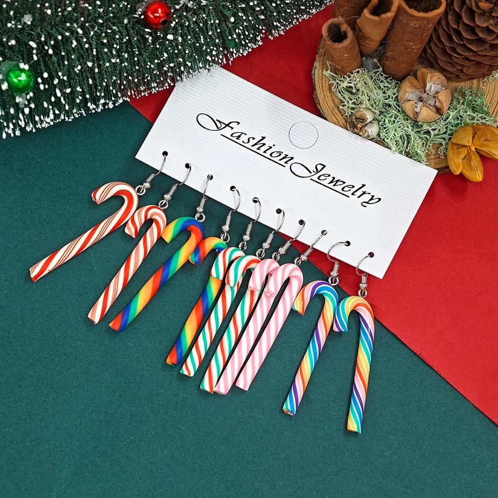 10pcs/set Cute Christmas Candy Cane Earrings Set Soft Clay Rainbow Striped Pendant Festive Holiday Lovely Women Girl Accessories