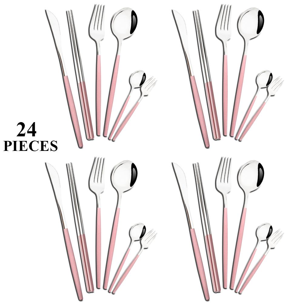 24Pcs White Gold Dinnerware Set Stainless Steel Tableware Knife Fork Spoons Teaspoon Chopsticks Cutlery Set Kitchen Flatware