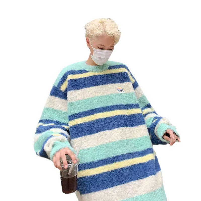 Comfortable Striped Crew Neck Sweater Men's Autumn and Winter Mink Hair Loose Versatile Lazy Wind Couple Warm Knitted Thread