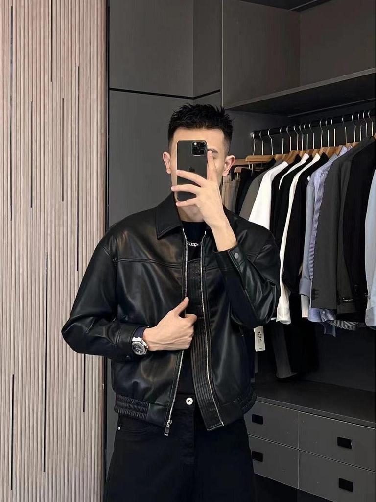 Sleek Men's Autumn/Winter Leather Motorcycle Jacket - Stylish Lapel Design, Cool & Handsome Outerwear, High-Quality Soft Leather