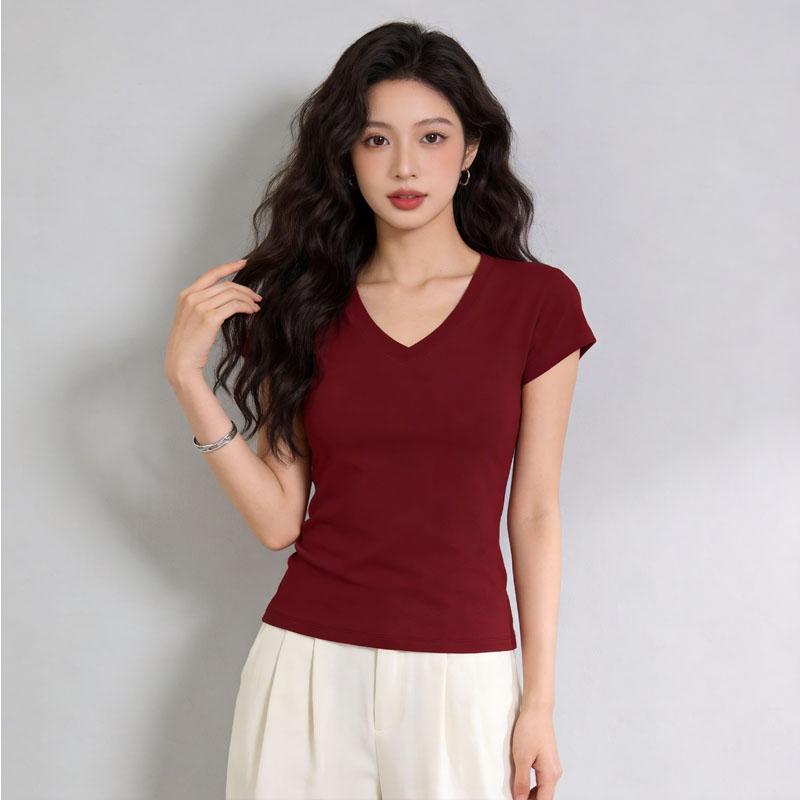 V-Ausschnitt T-Shirt kurzärmelig figurbetontes Oberteil Sport-T-Shirt Damen Sommer vielseitiges T-Shirt