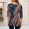 Women Plus Size Round Neck Three Quarter Sleeve Printed T Shirt Red Navy Silver Star Pattern Curved Hem
