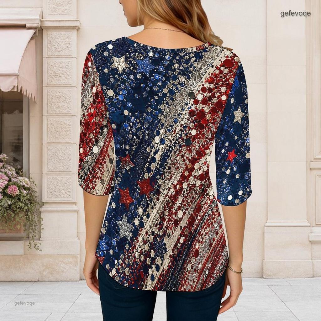 Women Plus Size Round Neck Three Quarter Sleeve Printed T Shirt Red Navy Silver Star Pattern Curved Hem