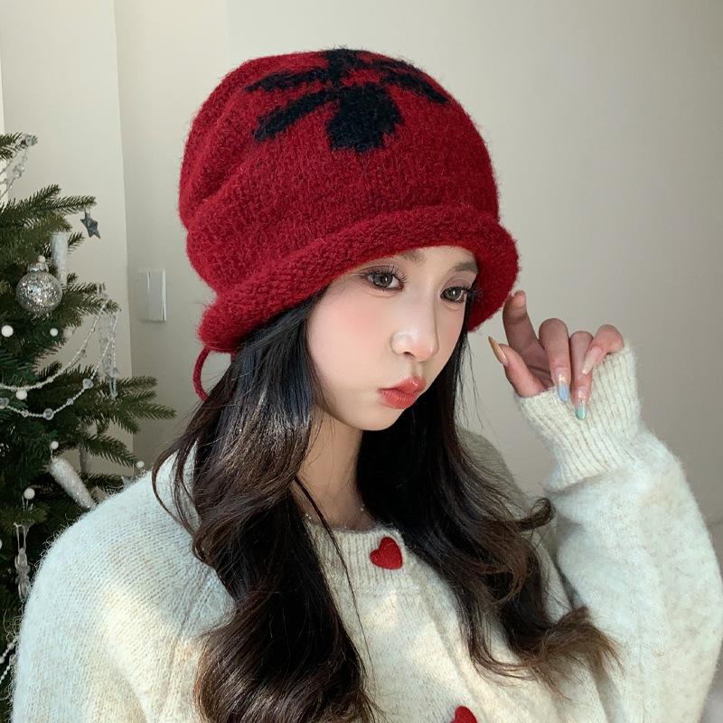 Korean Cute Flower Knitted Wool Hat for Women In Autumn and Winter Versatile Windproof and Warm Pile Hat Big Head Cold Hat