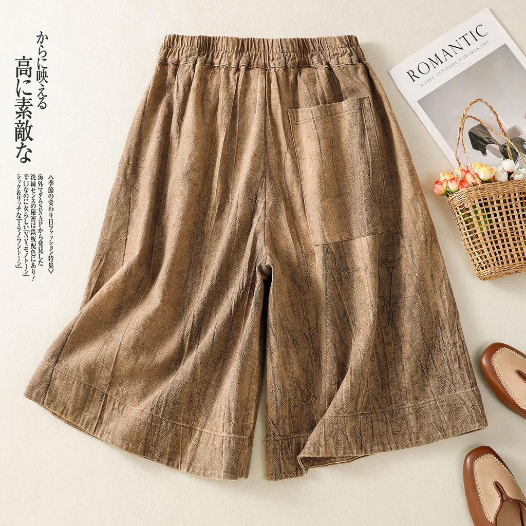 2025 Summer New High-waisted Thin Cotton and Linen Shorts Women's Thin Retro Versatile Loose Tie-dye Wide-leg Five-point Pants