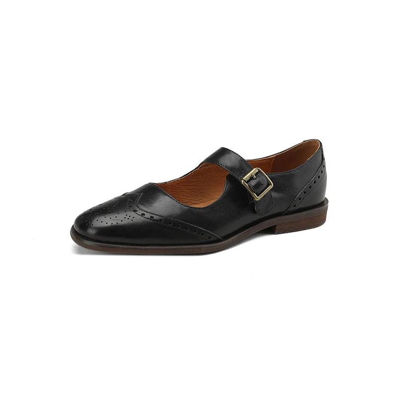 Fashion 2024 New Genuine Leather Low Heel Mary Jane Shoes Spring Women Shoes Chunky Heel Round Toe Shoes Women Pumps Retro Loafers