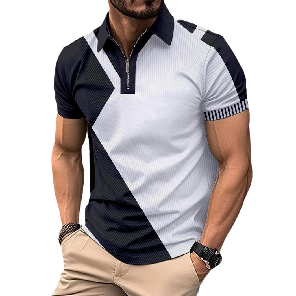 Independent Station Men'S Zipper Polo Shirt Printed Fashion Casual Short Sleeve Shirt